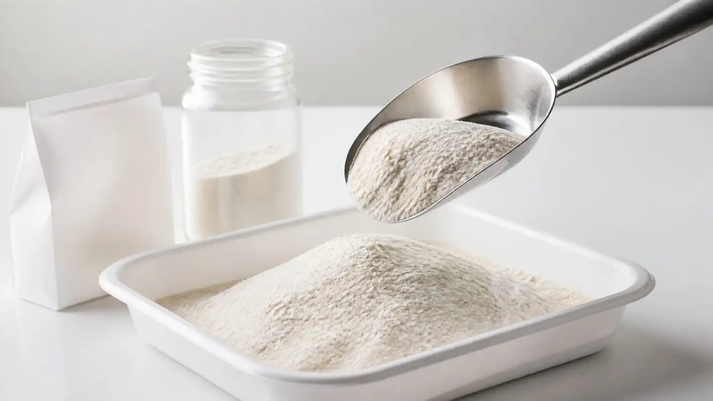 blog-500-1 Quality-control technician lifting a sample of oat beta glucan powder from a white tray with a stainless-steel scoop on a clean bench