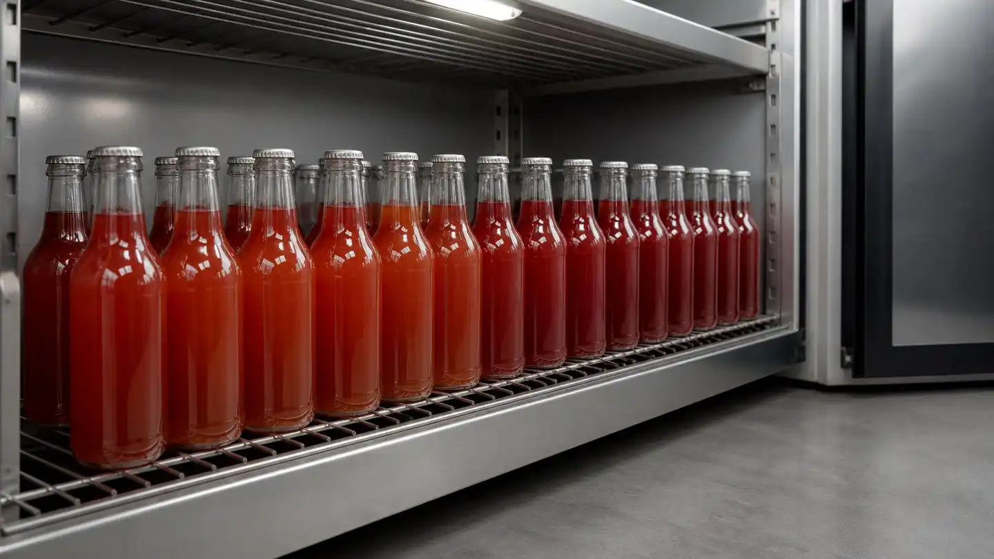 blog-500-1 Two rows of identical sealed glass bottles of red-orange beverage standing on a stainless steel shelf inside a temperature-controlled stability storage chamber