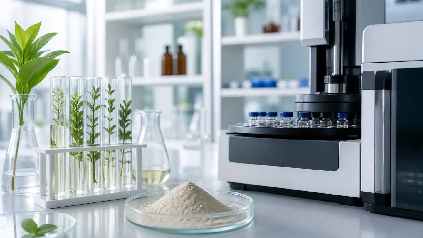 blog-500-1 Quality-control laboratory bench with glassware, a sample dish of pale botanical extract powder and an analytical instrument used for testing plant extracts