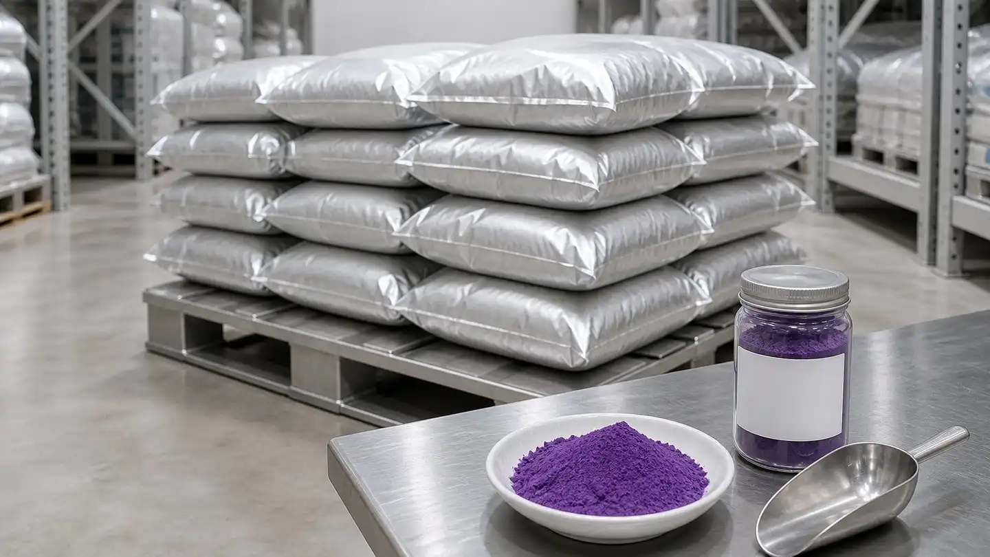 blog-500-1 Pallet of plain sealed foil-laminate bulk ingredient bags with a dish of purple yam powder, a blank sample jar and a stainless scoop on a bench