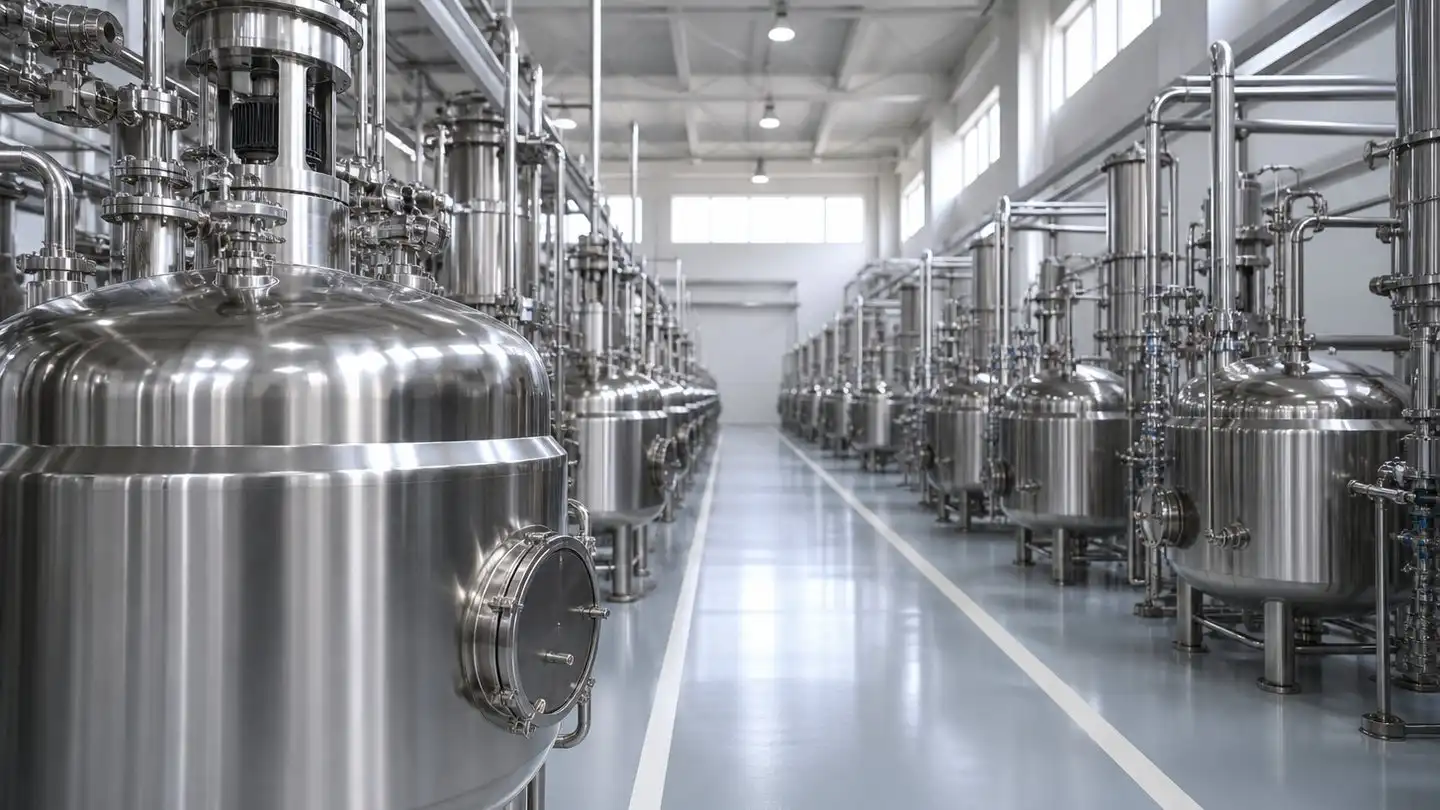 Stainless-steel extraction vessels on a clean botanical extract production floor