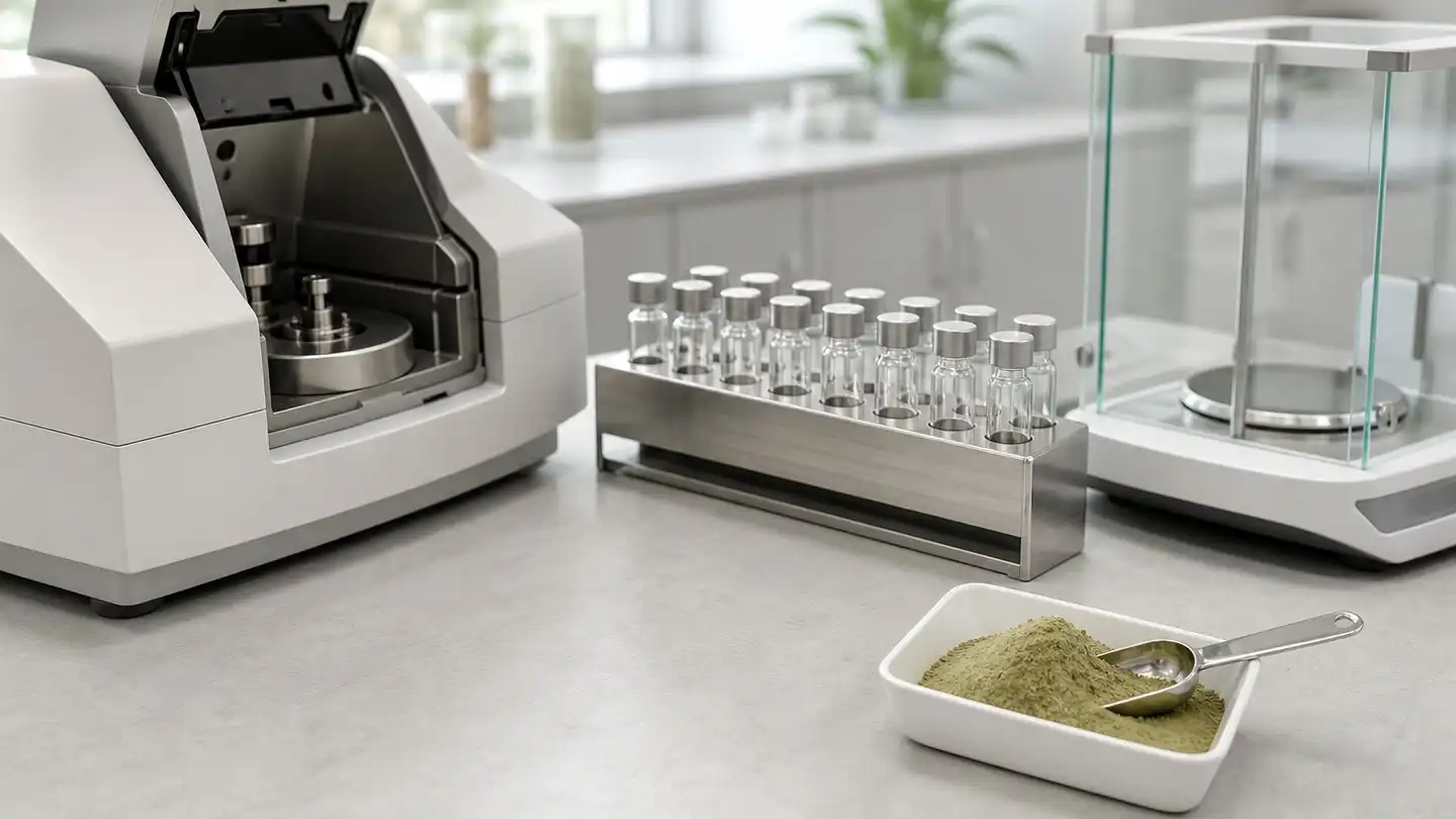 Quality-control bench with an analytical instrument, sample vials and a stainless-steel scoop of pale green-tan extract powder