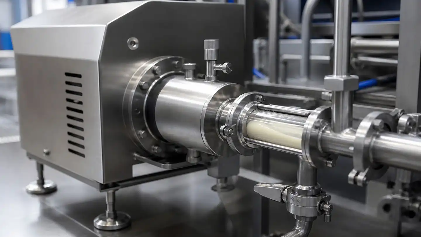 blog-500-1 Stainless steel in-line homogeniser and food-grade pipework on a production line with a sight glass showing pale viscous liquid