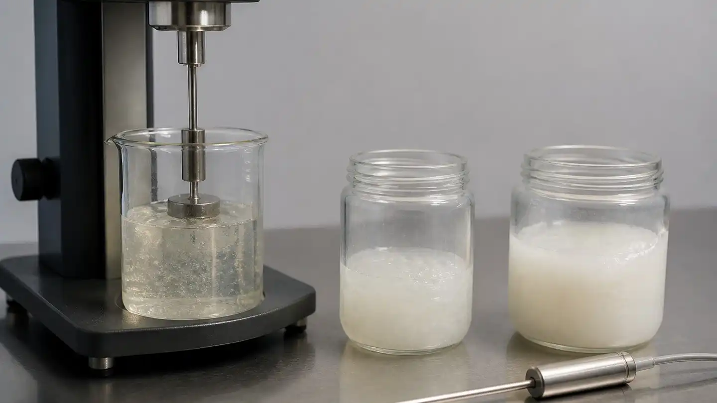 blog-500-1 Laboratory bench with a rotational viscometer spindle in a beaker of pale gel beside two jars of gel samples of different thickness