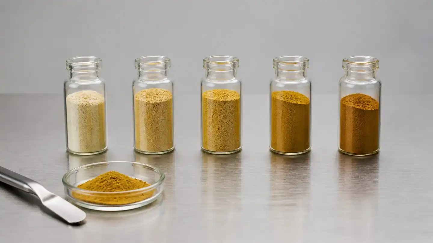 blog-500-1 Row of glass sample vials holding milk thistle extract powder in different shades on a stainless steel laboratory bench