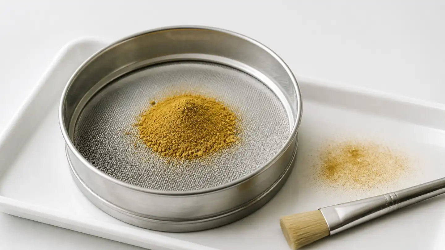 blog-500-1 Stainless steel test sieve with fine mesh holding yellowish-brown milk thistle extract powder on a white laboratory tray