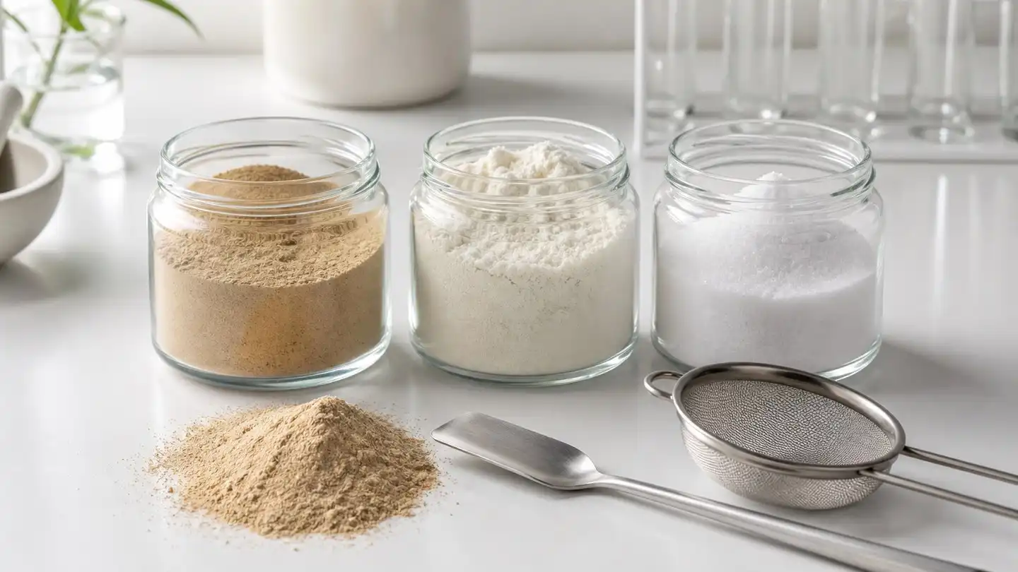 blog-500-1 Three clear jars holding protein, amino-acid and tan botanical extract powders with a spatula and a fine sieve on a white laboratory bench