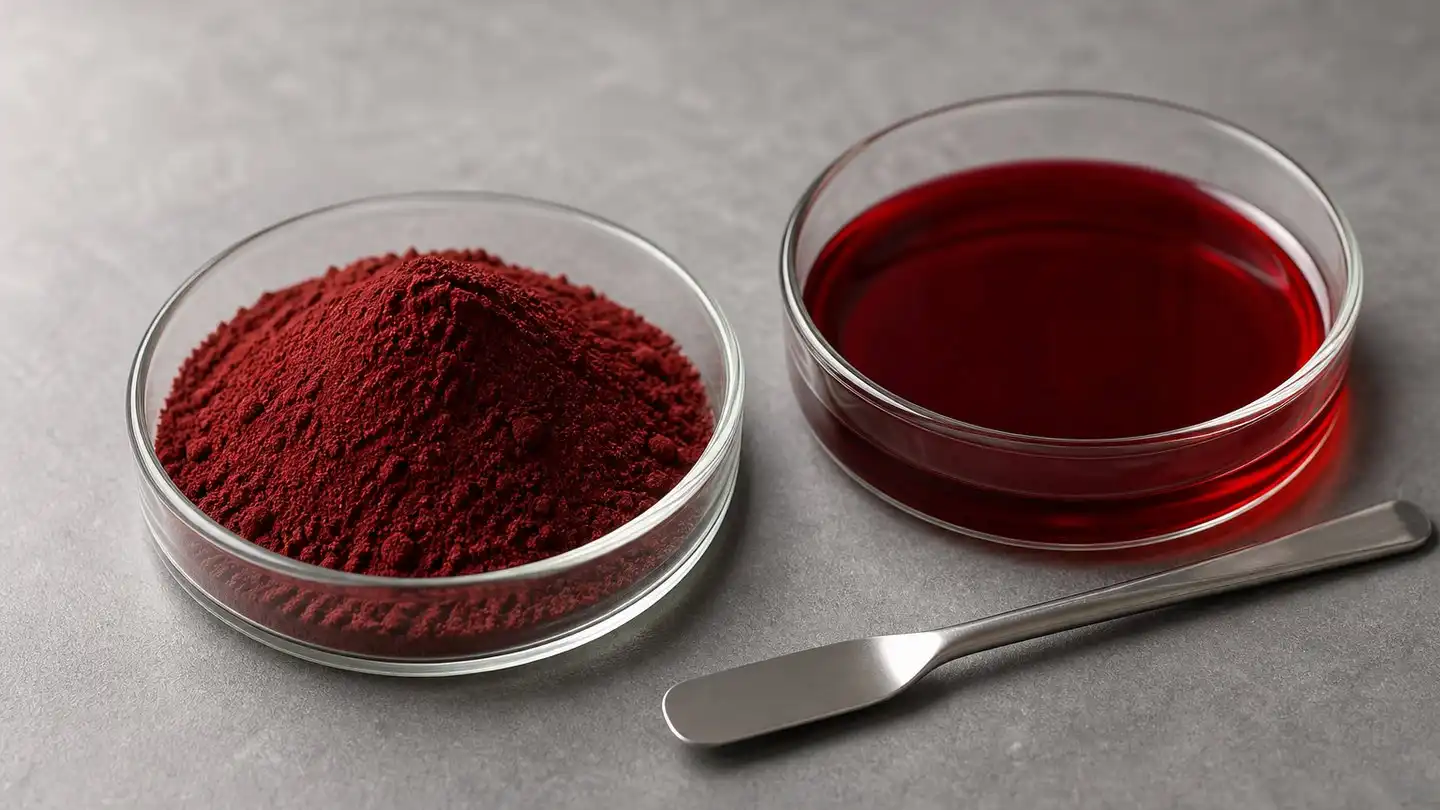 Dark crimson astaxanthin powder and deep red astaxanthin oil in clear glass dishes on a grey laboratory bench