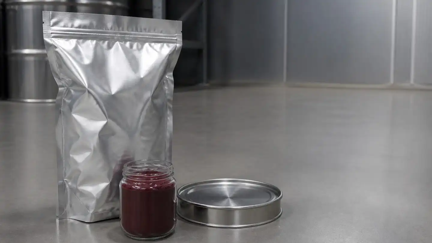 Nitrogen-flushed aluminium foil pouch, astaxanthin powder jar and stainless steel drum lid in a climate-controlled storage room
