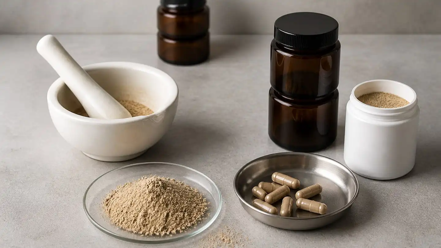 blog-500-1 Bench layout with botanical extract powder, mortar and pestle, blank capsules in a metal tray and unlabelled jars
