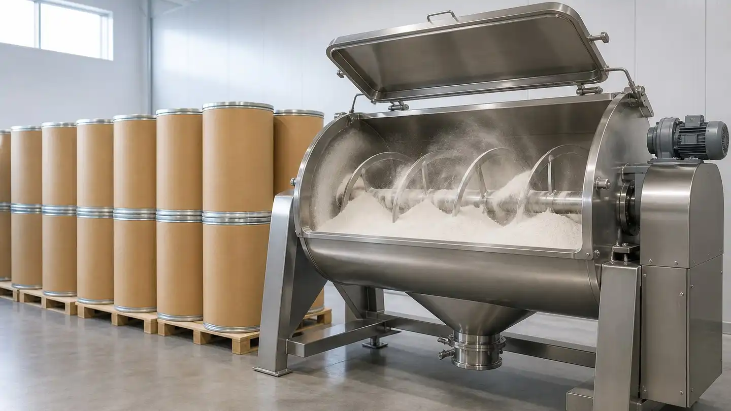 blog-500-1 Stainless-steel ribbon blender and fibre drums in an oat beta glucan powder production hall