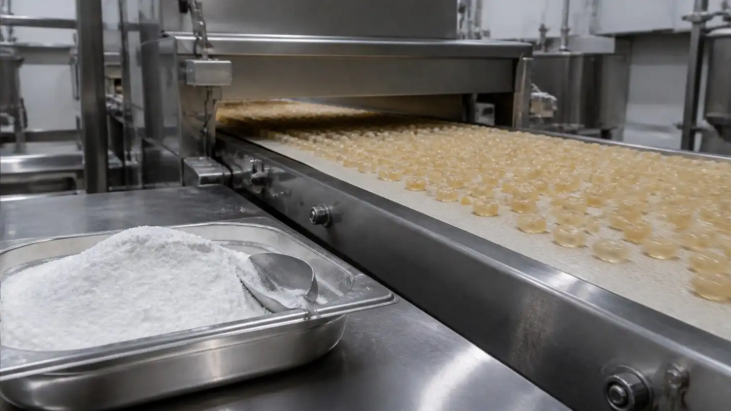 blog-500-1 Hard candy production line with translucent boiled sweets moving along a cooling conveyor beside a stainless steel tray of powder