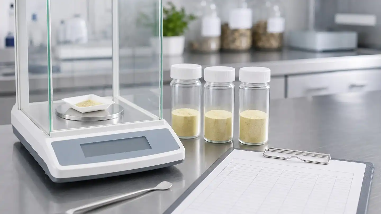 blog-500-1 Laboratory bench with an analytical balance, sample vials and a test record sheet