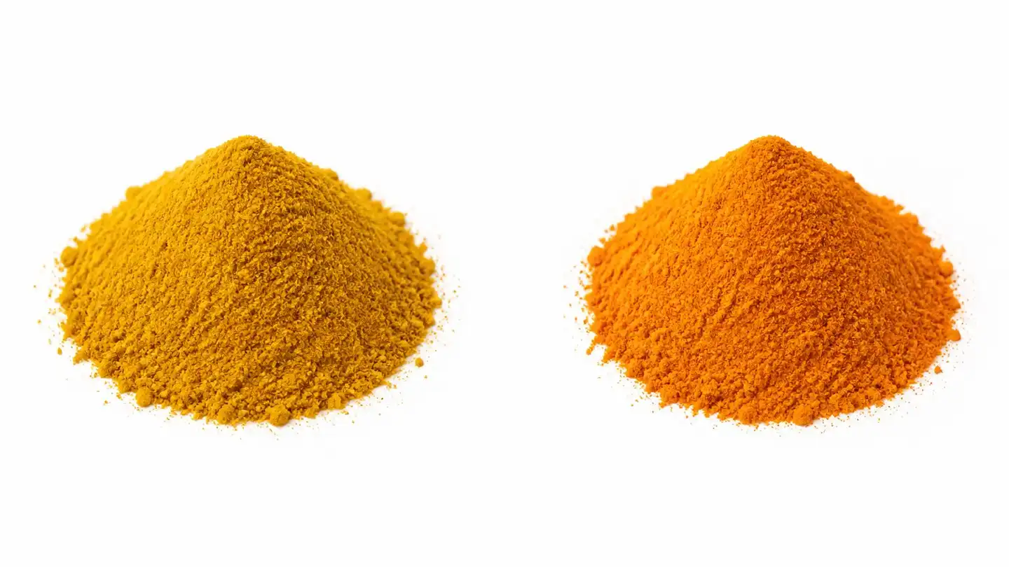 blog-500-1 Two mounds of turmeric powder side by side on a white background showing a lighter earthy yellow and a deeper saturated orange