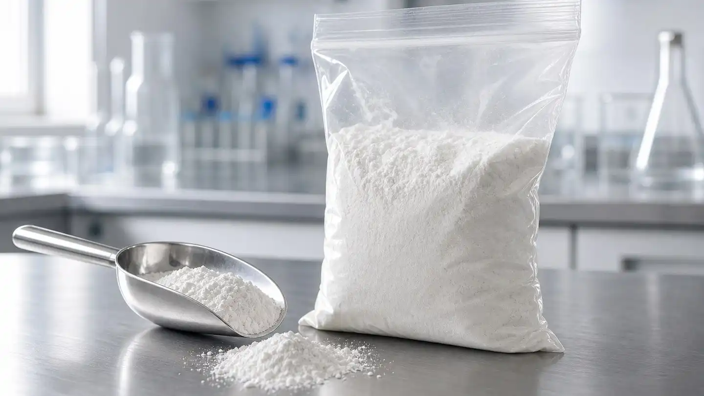 blog-500-1 Sample bag of white powder beside a stainless steel sampling scoop on a laboratory bench