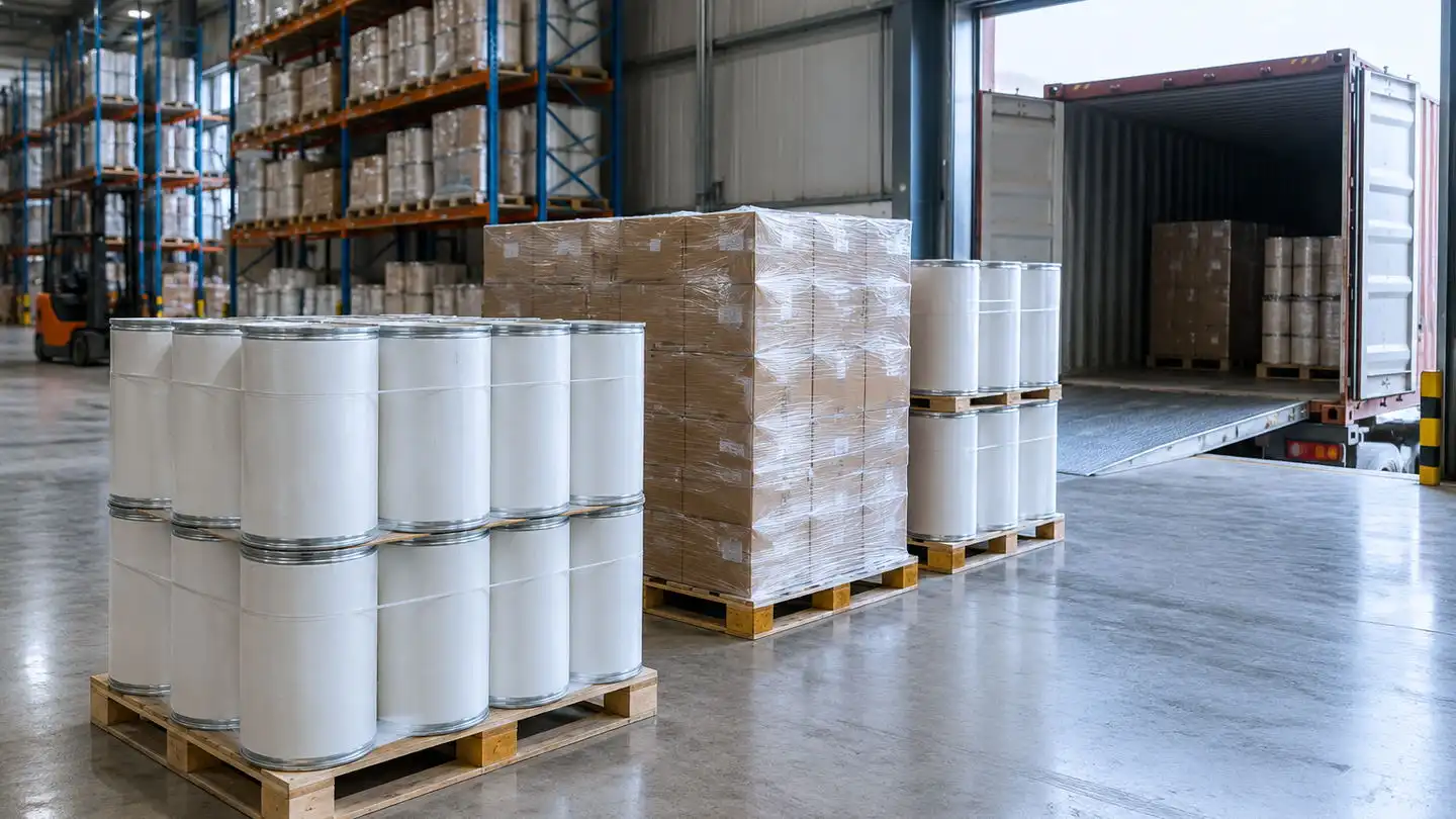 blog-500-1 Palletised drums of botanical powder wrapped and staged in a warehouse before container loading