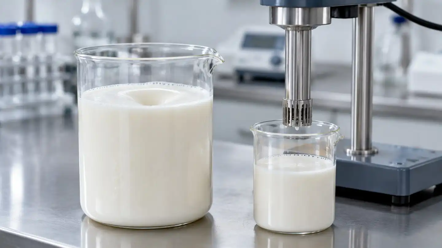 blog-500-1 Laboratory beaker of milky emulsion beside a homogeniser in a formulation lab