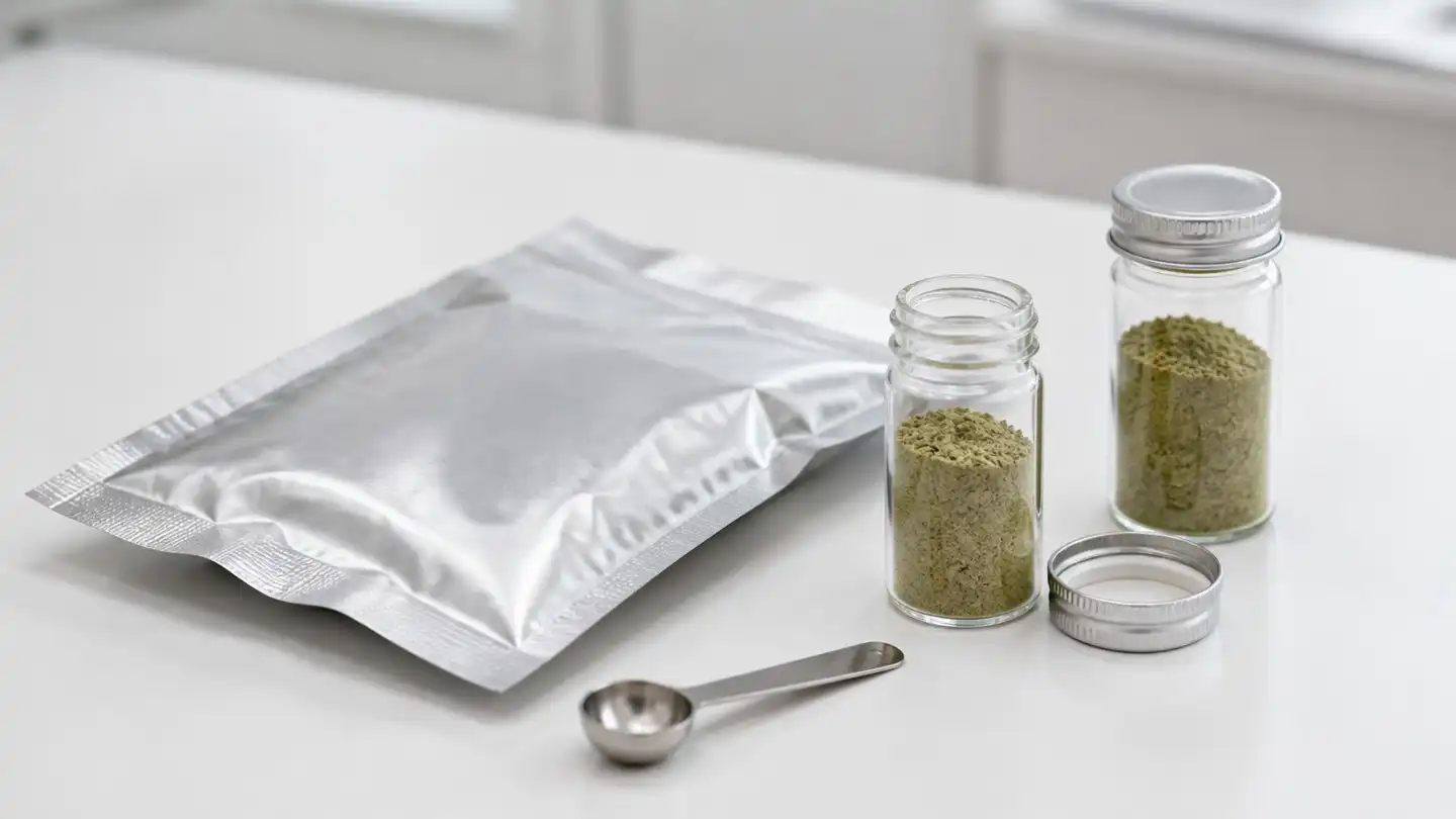 blog-500-1 Sealed silver foil sample pouch beside two glass vials of pale green-brown Bacopa monniera extract powder and a stainless-steel scoop on a clean white laboratory bench