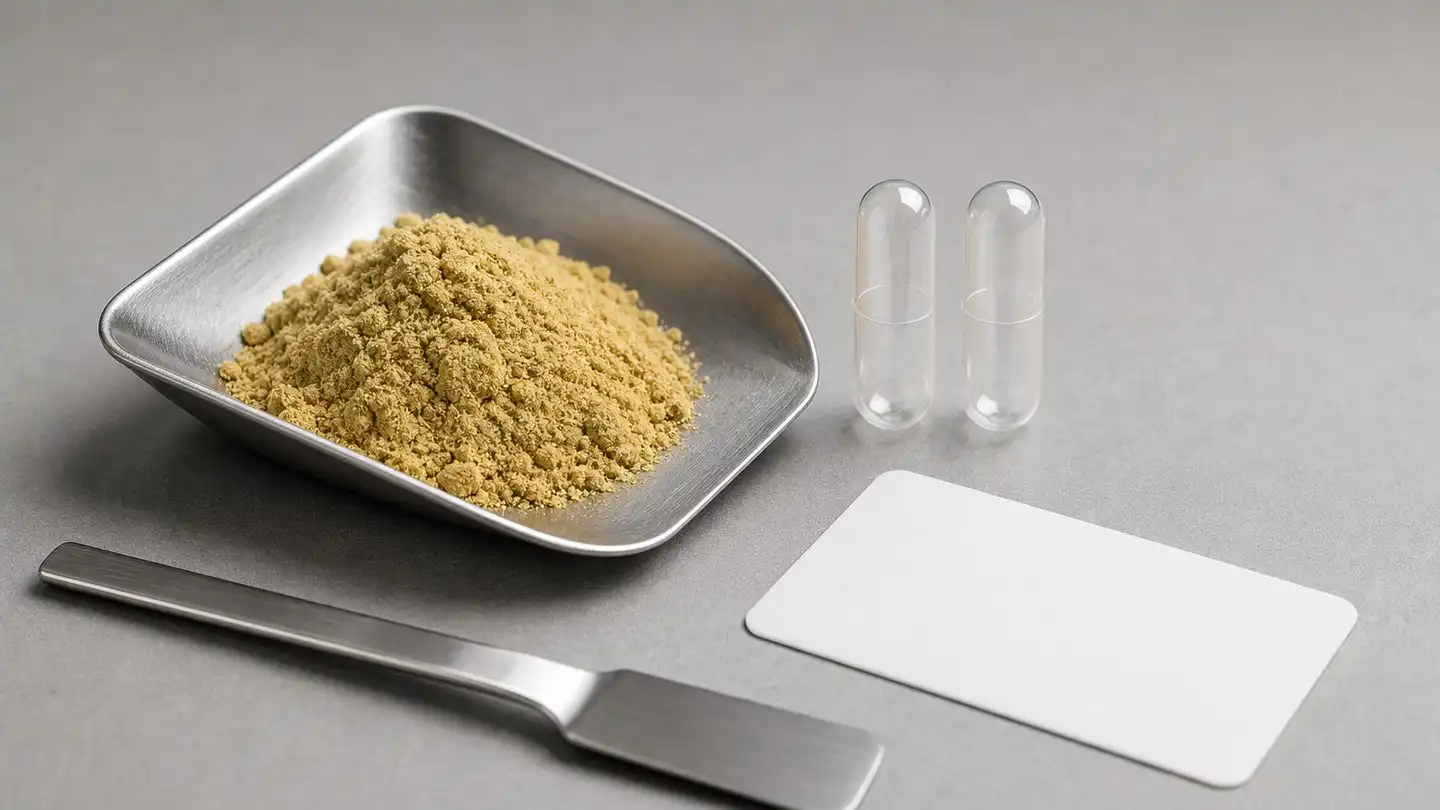 blog-500-1 Pale yellow-brown bitter melon extract powder in a stainless-steel weigh boat beside two empty clear hard-shell capsules on a grey laboratory bench