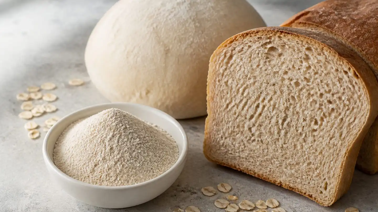 blog-500-1 Off-white oat beta glucan powder in a small white dish beside a bread roll of raw dough, a slice of baked bread and scattered oat flakes on a light grey surface
