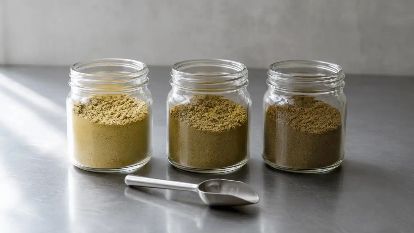 blog-500-1 Three clear glass sample jars holding milk thistle extract powder at visibly different concentrations beside a stainless-steel scoop on a brushed stainless-steel bench