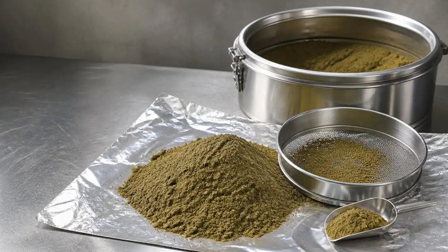 blog-500-1 A stainless-steel drum of milk thistle extract powder with a mound of fine powder on aluminium foil, a stainless-steel sieve and a scoop on a packing bench