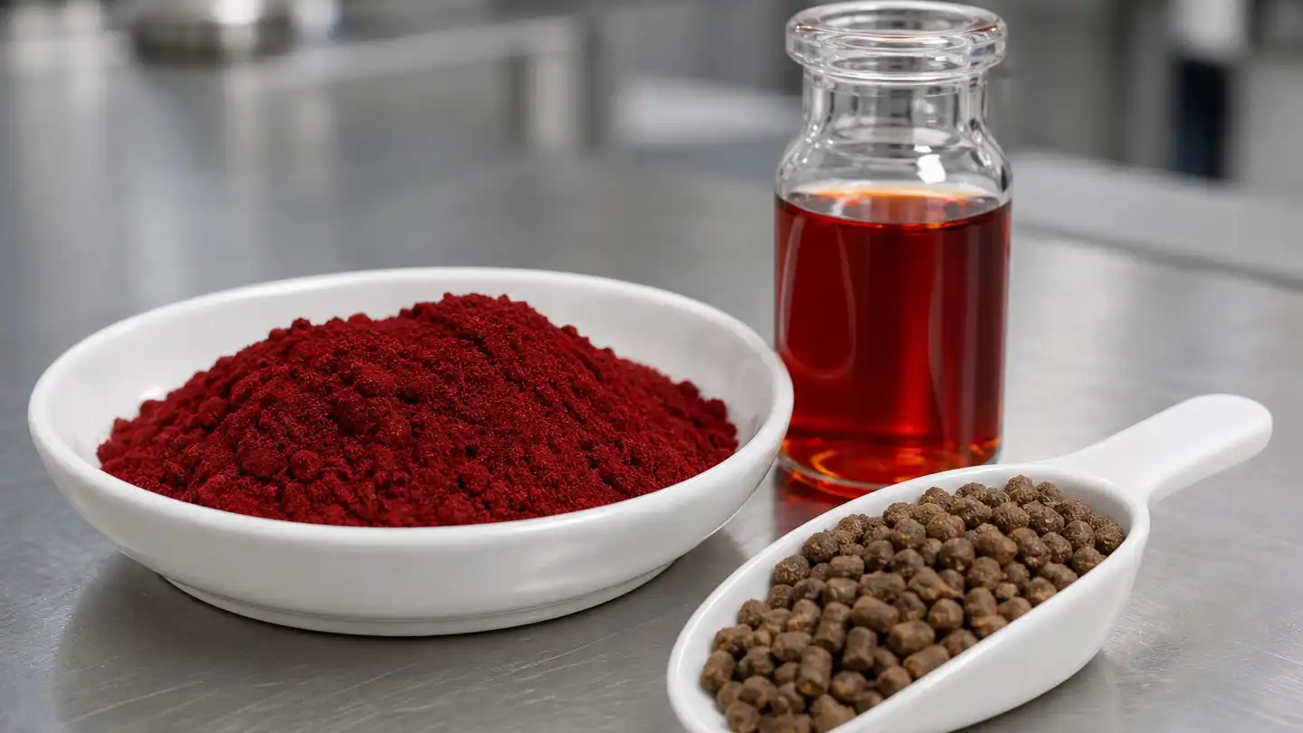 blog-500-1 Astaxanthin oleoresin in a glass vial beside a dish of stabilised astaxanthin powder and a scoop of aquafeed pellets on a stainless steel bench