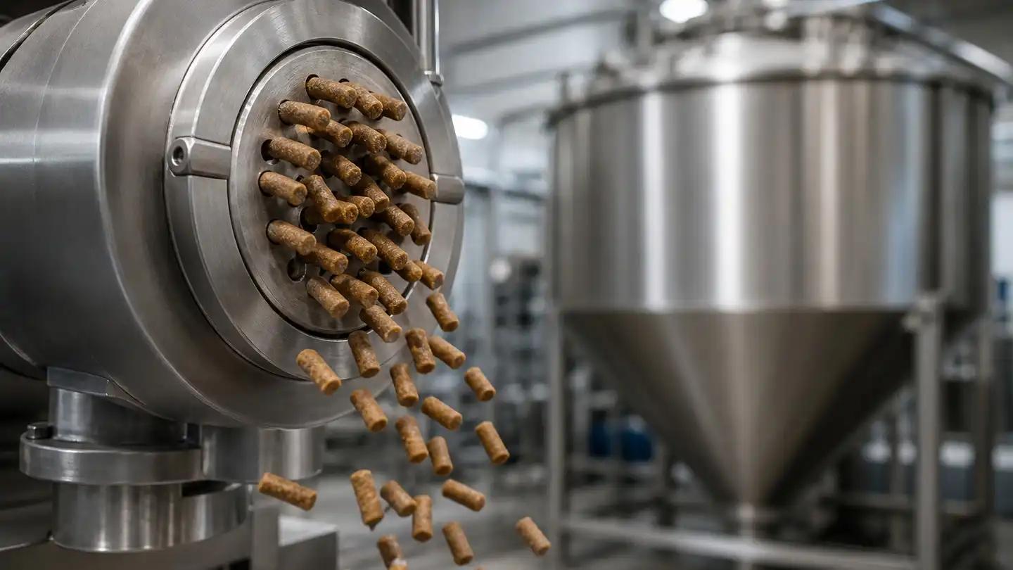 blog-500-1 Stainless steel extrusion die plate producing brown aquafeed pellets inside a feed mill