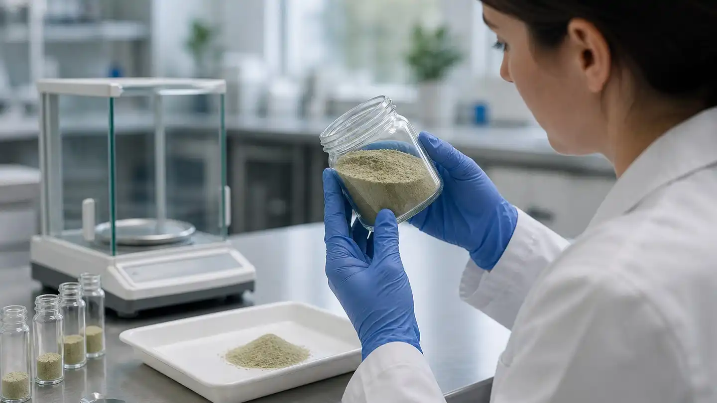 blog-500-1 Quality-control technician inspecting a glass jar of pale greenish-tan bitter melon extract powder beside an analytical balance, sample vials and a white sampling tray