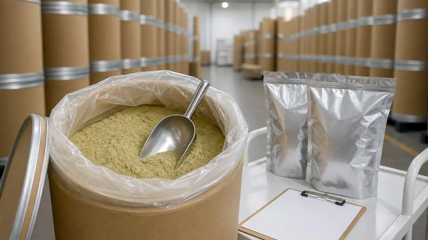 blog-500-1 Open 25 kg fibre drum with a food-grade liner bag of bitter melon extract powder, aluminium foil sample bags and a stainless-steel scoop on a warehouse trolley