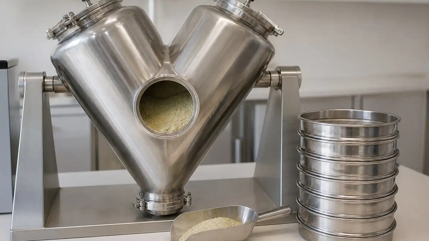 blog-500-1 Stainless-steel V-blender with pale botanical extract powder and a stack of test sieves on a clean laboratory bench during a blend trial