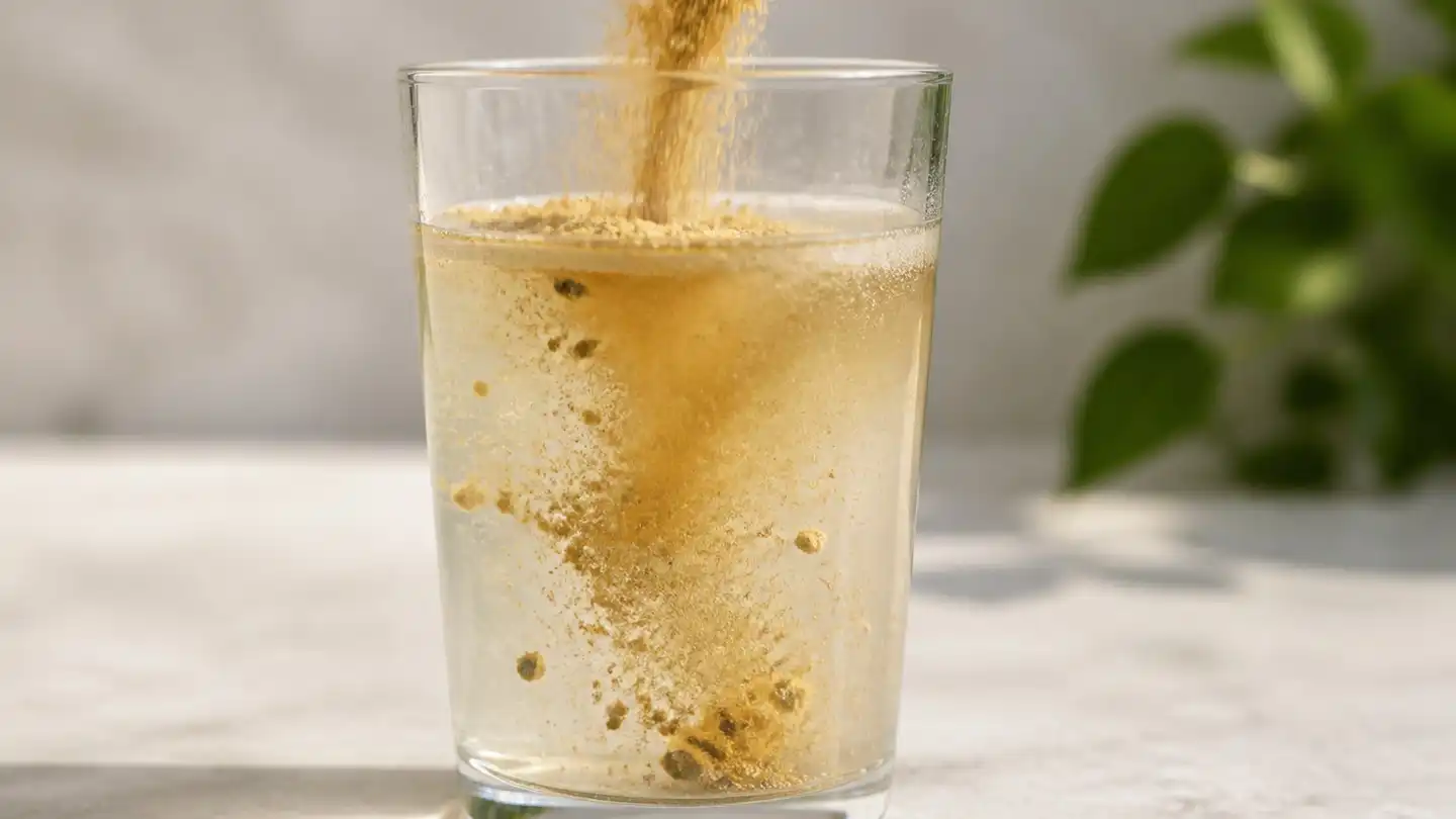 blog-500-1 Fine tan botanical extract powder dispersing into a glass of cold water with soft turbidity and a few visible clumps