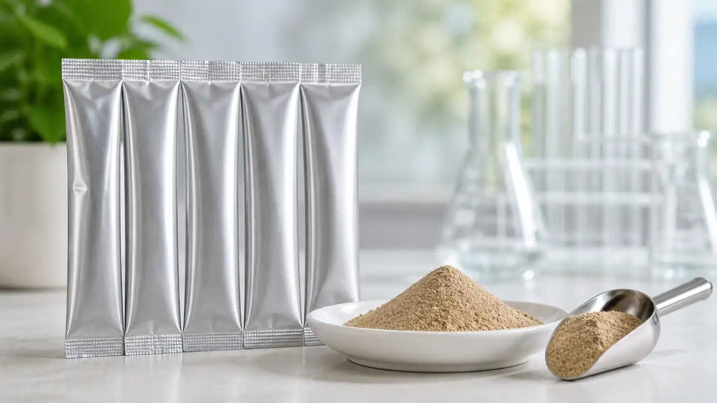 blog-500-1 Blank foil single-serve drink-mix stick-packs beside a dish of fine tan extract powder and a steel scoop on a laboratory bench