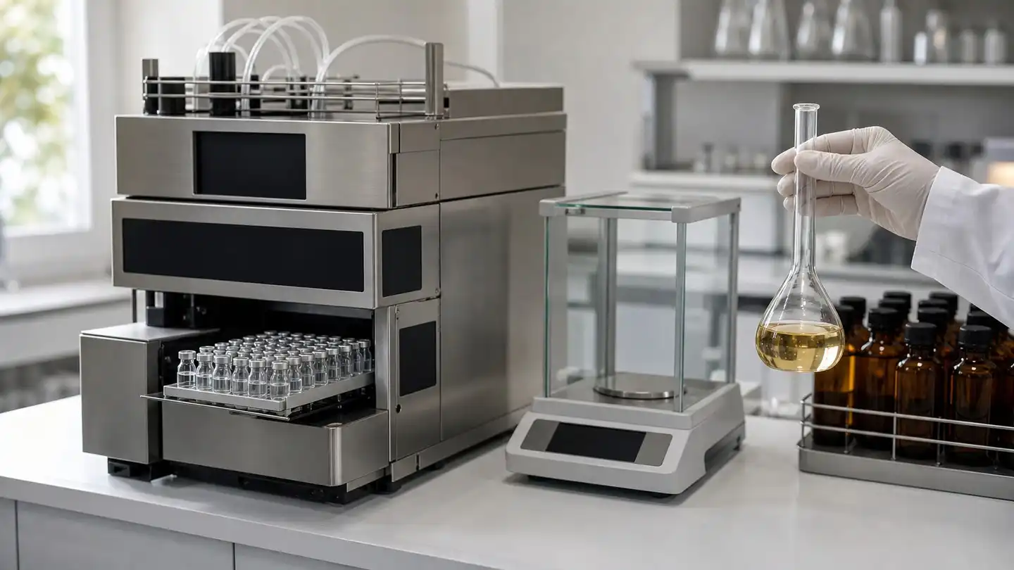 Quality-control laboratory bench with an HPLC instrument, racks of sample vials and a gloved analyst holding a flask of extract solution