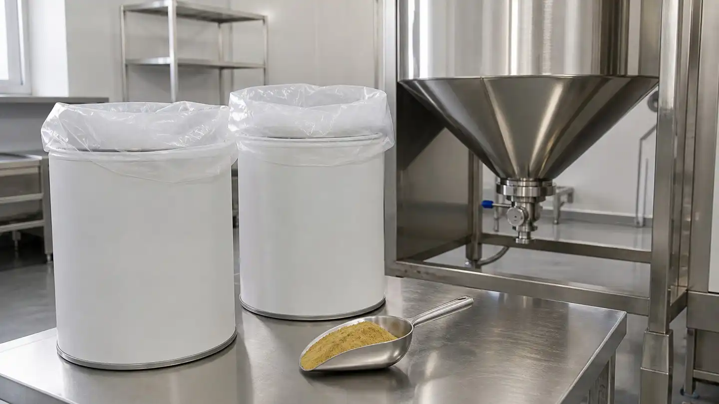 Fibre drums with sealed inner liners and a stainless-steel scoop holding fine botanical extract powder in a clean powder-handling area