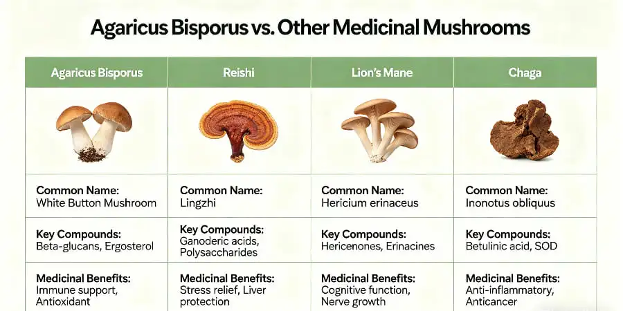 Comparing Agaricus Bisporus to Other Medicinal Mushrooms Comparing Agaricus Bisporus to Other Medicinal Mushrooms