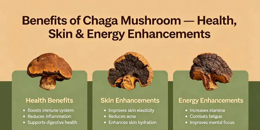 Benefits of Chaga Mushroom — Health, Skin & Energy Enhancements Benefits of Chaga Mushroom — Health, Skin & Energy Enhancements