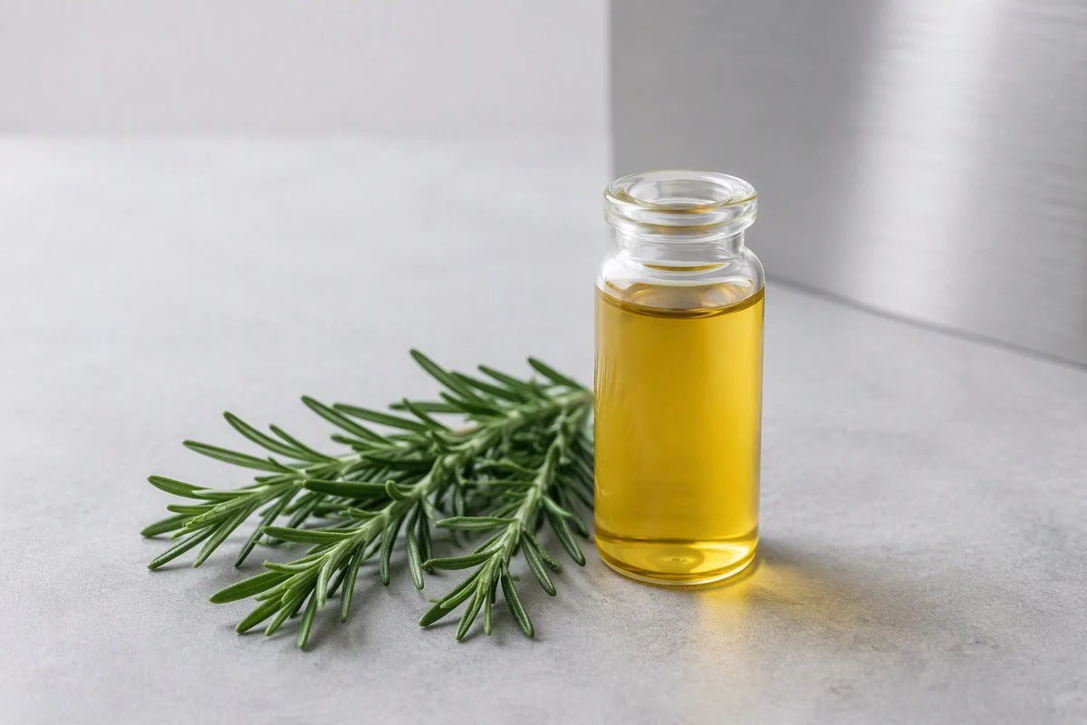 blog-720-1 Rosemary extract powder with fresh rosemary sprigs on a laboratory bench