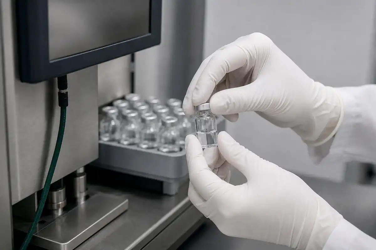 blog-720-1 Quality-control analyst loading a glass autosampler vial beside a stainless steel analytical instrument on a laboratory bench