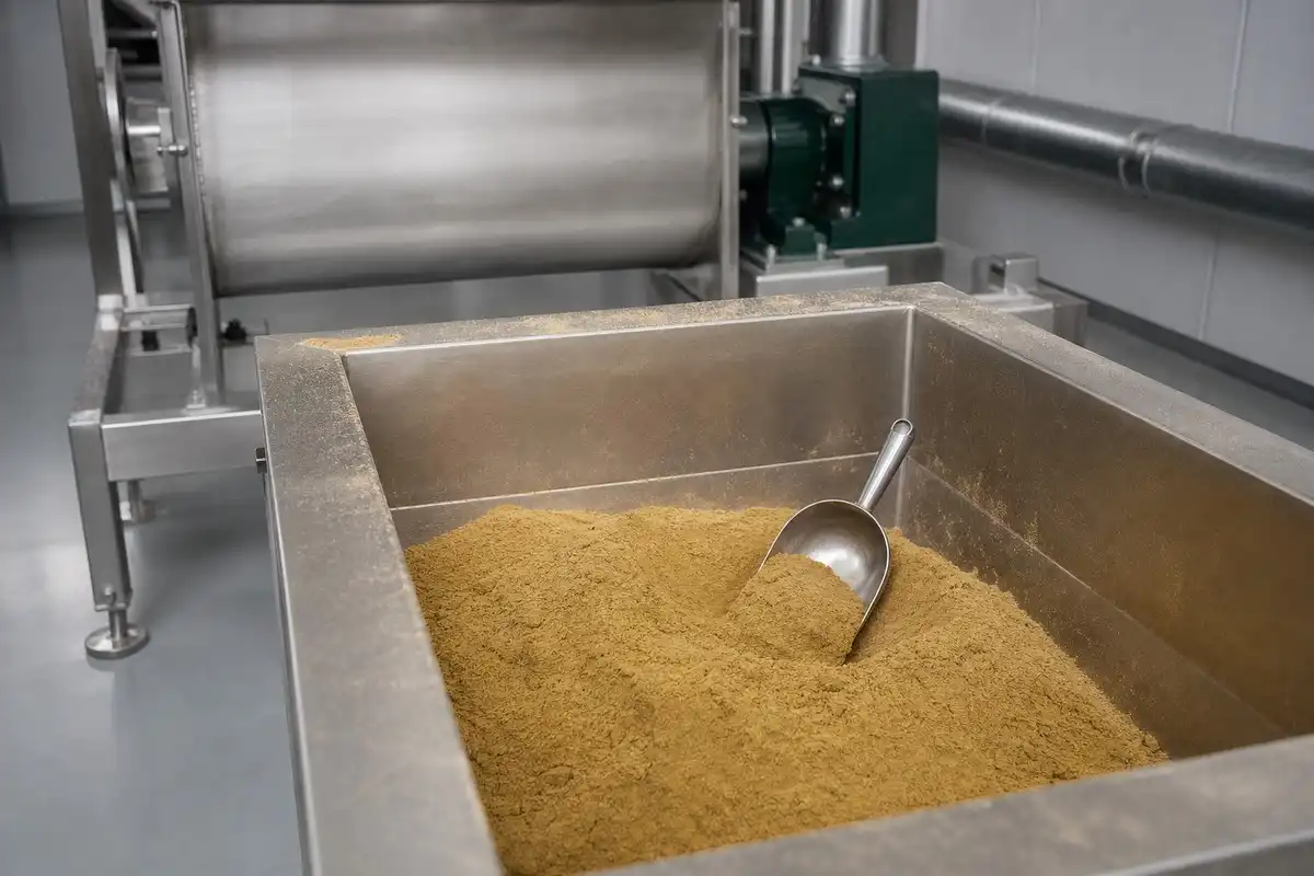 blog-720-1 Stainless steel ribbon blender hopper filled with pale brownish-yellow botanical powder and a stainless scoop during premix production