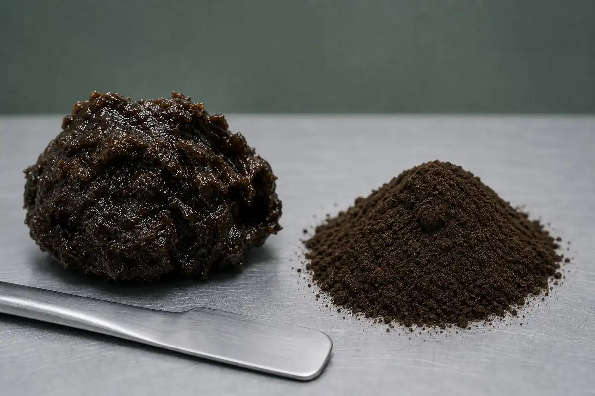blog-720-1 Dark shilajit resin and fine shilajit extract powder side by side on a light grey laboratory surface