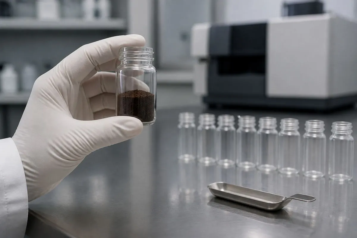 blog-720-1 Laboratory technician holding a glass vial of dark brown shilajit extract powder over a stainless steel bench