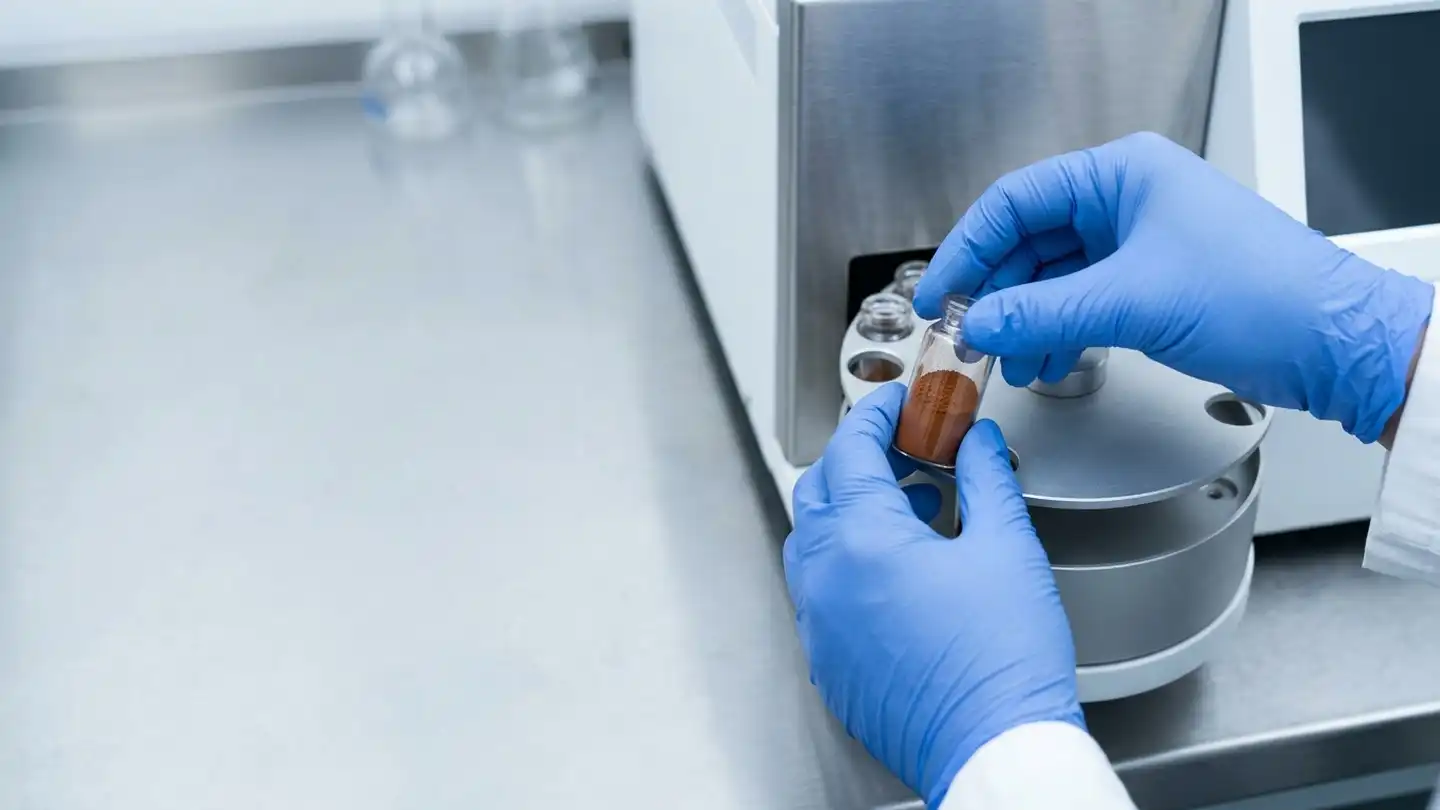 blog-720-1 Laboratory analyst loading a Chaga Mushroom Extract Powder sample into an analytical instrument for lot testing