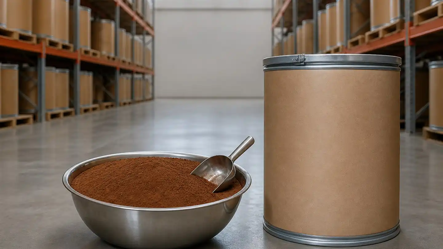 blog-720-1 Bulk Chaga Mushroom Extract Powder in a stainless steel bowl beside a sealed fibre drum in an ingredient warehouse