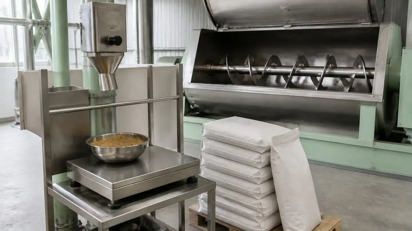blog-720-1 Oregano powder feed grade being weighed out at the micro-ingredient station of a poultry feed mill