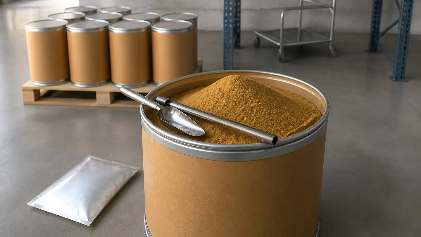 blog-720-1 Open fibre drum of botanical extract powder with a stainless steel sampling probe and scoop during incoming-material inspection in a warehouse