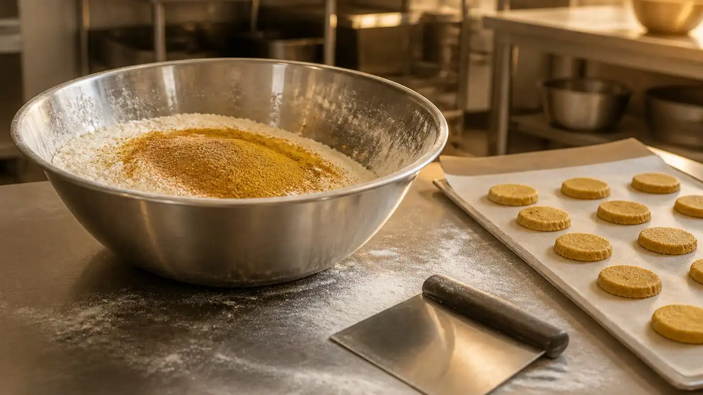 blog-720-1 Fine golden-brown Cordyceps militaris powder being blended into wheat flour in a stainless steel mixing bowl on a bakery development bench, with unbaked cookie dough rounds on a tray
