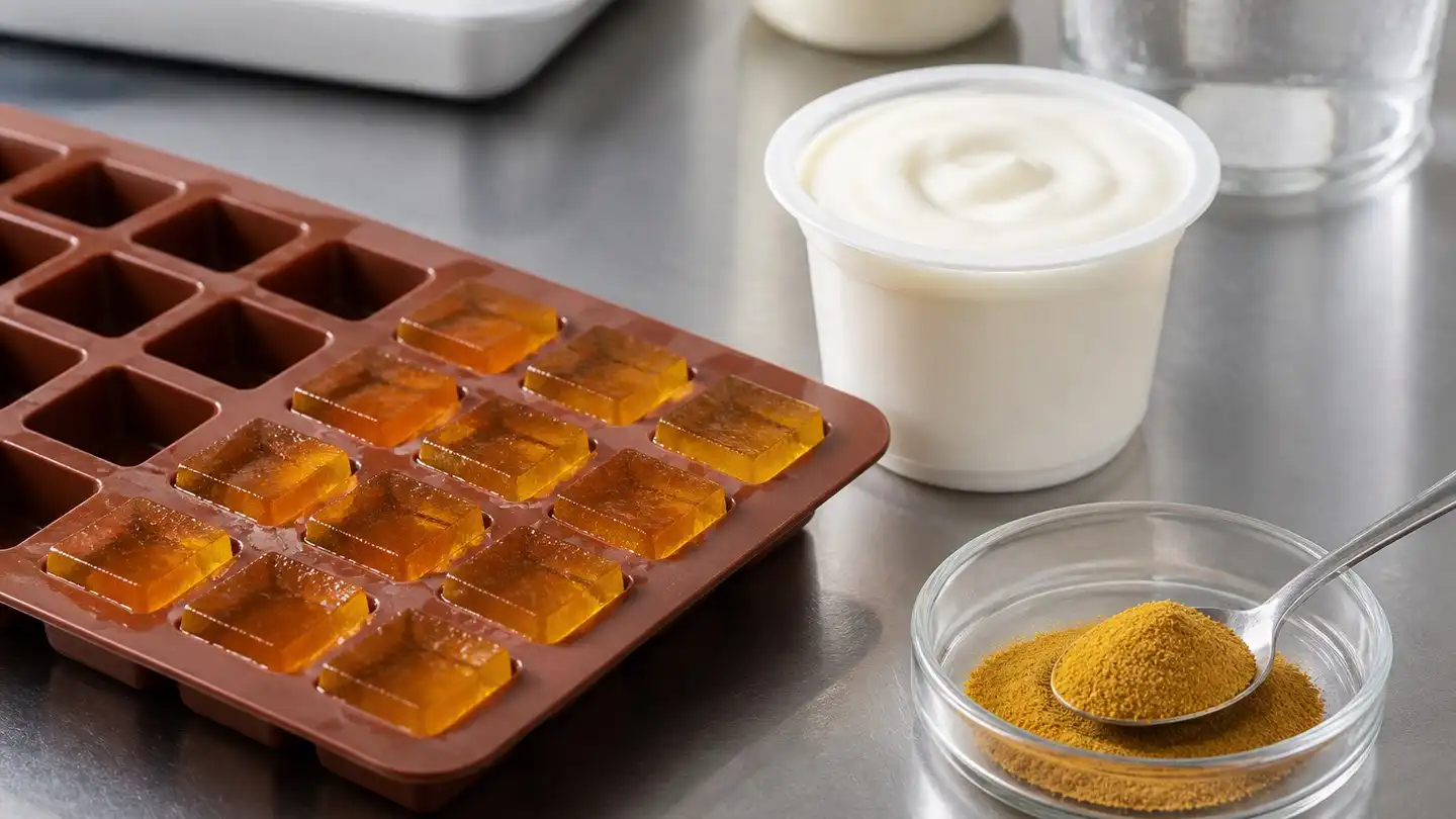 blog-720-1 Amber gummy cubes in a silicone mould beside a white yoghurt-style dessert cup and a glass dish of fine Cordyceps militaris powder on a stainless steel confectionery bench