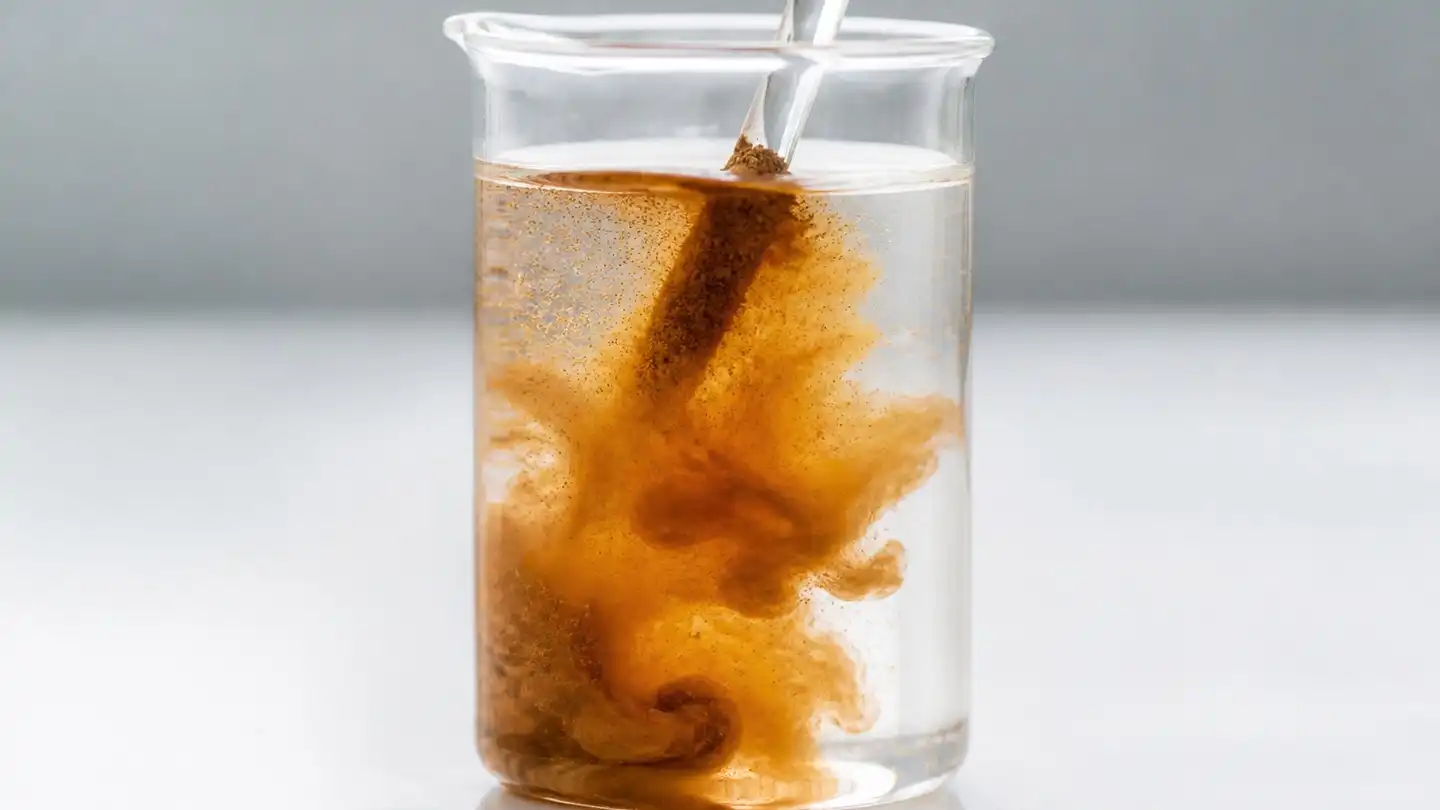 blog-720-1 Chaga mushroom extract powder dispersing in a clear glass beaker of water during a solubility check