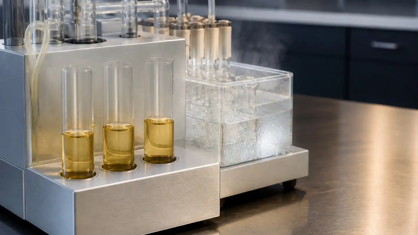 blog-720-1 Row of oil-filled glass reaction tubes seated in a heated aluminium block on an analytical laboratory bench used for accelerated oxidation testing